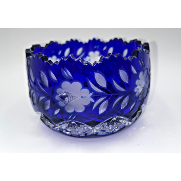 Vintage Czech Bohemian Blue Cobalt Cut to Clear Oval Sawtooth Crystal Bowl - Picture 8 of 16